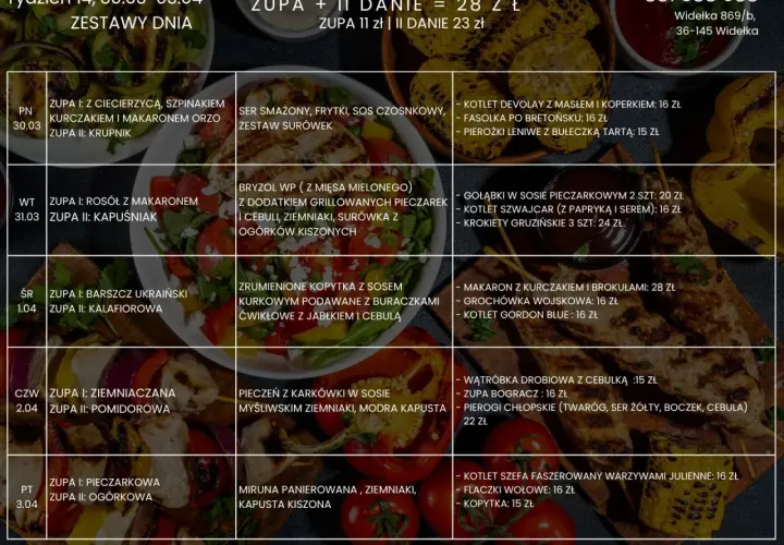 Menu tygodnia z propozycjami na widelcu augustów. Zupy i dania dnia, ceny od 11 zł.