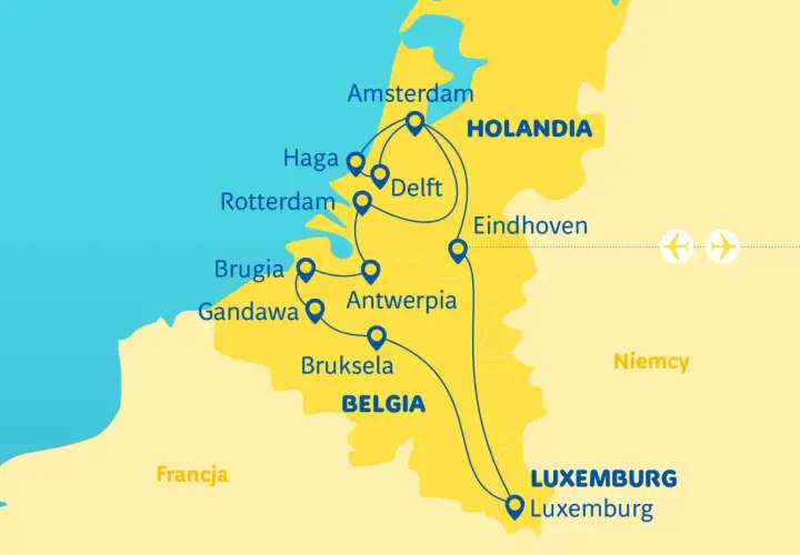 Mapa pokazuje trasę podróży przez Holandię, Belgię i Luksemburg. Luksemburg to państwo, które z państw Beneluksu nie ma dostępu do morza.