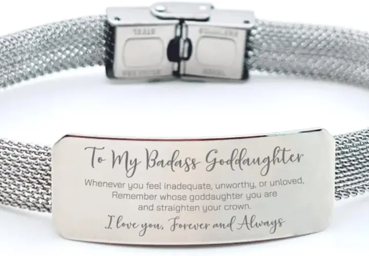 Srebrna bransoletka z siateczki z grawerem "To My Badass Goddaughter".