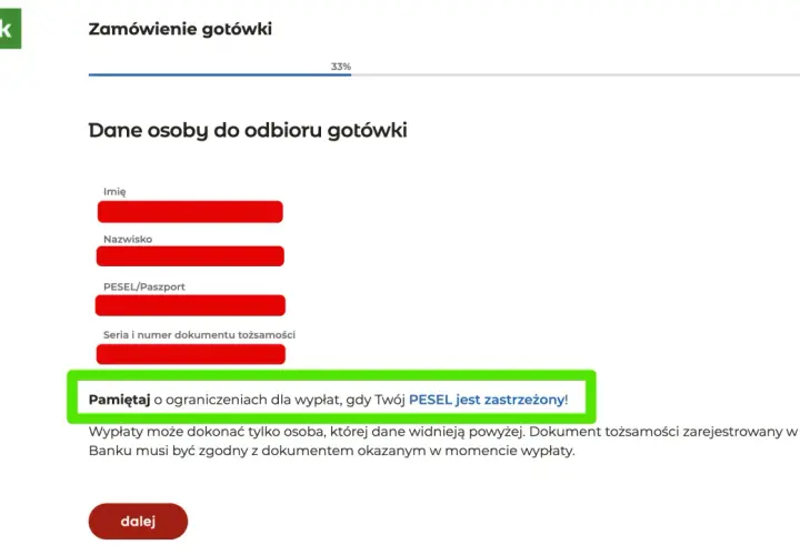 Formularz zamówienia gotówki w mBanku. Uważaj na wyciek danych, gdy Twój PESEL jest zastrzeżony!