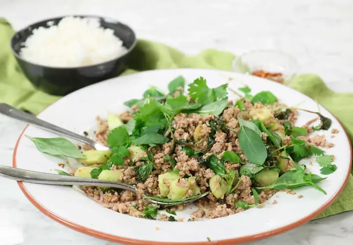 En tallrik med en smakrik larb-rätt, toppad med färska örter och serverad med ris. Ett perfekt larb recept för en snabb och god middag.
