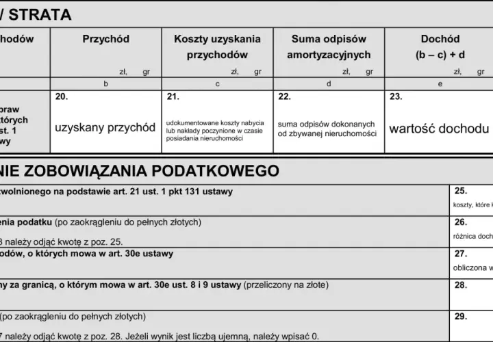Formularz podatkowy zawiera sekcję "Dochód / Strata", gdzie oblicza się podatek od sprzedaży nieruchomości, uwzględniając przychód, koszty i odpisy.