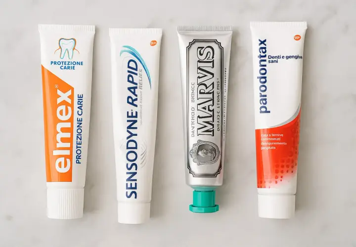Quattro tubetti di dentifricio: Elmex, Sensodyne, Marvis e Parodontax, quest'ultimo specifico per denti e gengive sane, utile contro la piorrea.