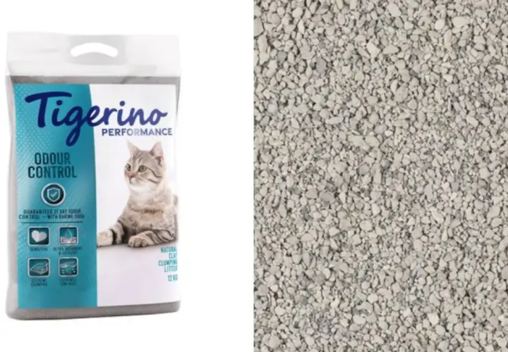 Bolsa de arena aglomerante Tigerino Odour Control, un ejemplo de tipos de arena para gatos.