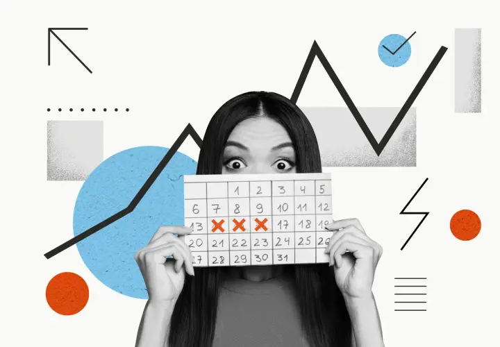 Occhi spalancati su un calendario che mostra i giorni del mese in inglese, con le date 13, 14 e 15 segnate da una X.