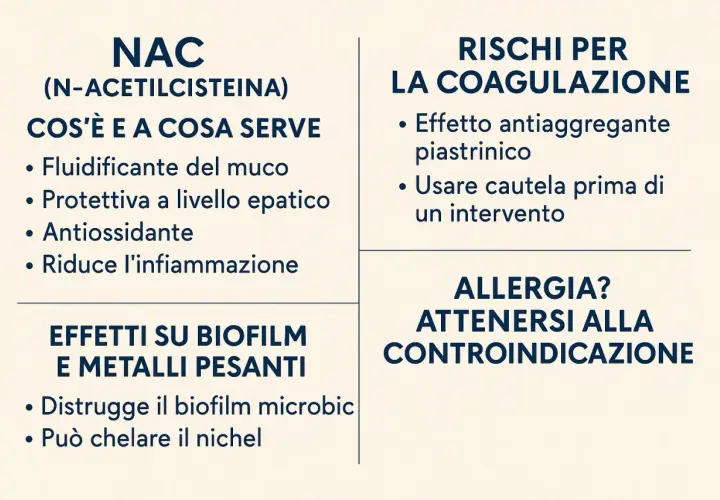 NAC (N-acetilcisteina): fluidificante, protettivo epatico, antiossidante, riduce infiammazione, agisce su biofilm e metalli pesanti. Attenzione a coagulazione e allergie.