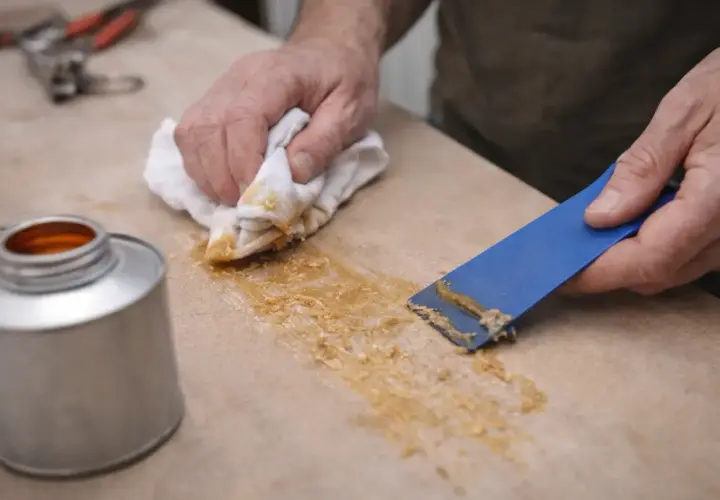 Comment enlever de la colle néoprène sur du tissu : un homme utilise une spatule bleue et un chiffon pour retirer la colle d'une surface.