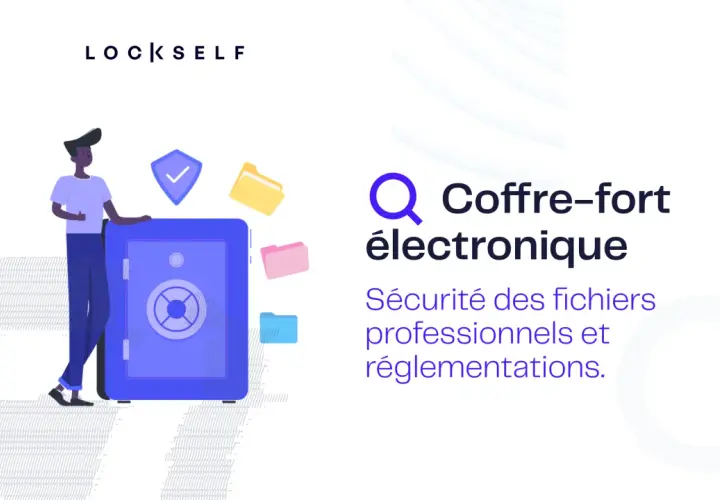 Un homme se tient près d'un coffre-fort électronique, symbole de sécurité pour les fichiers professionnels et réglementations.