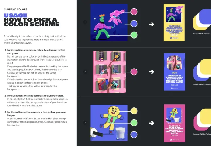 Ilustracje z przykładami doboru schematów kolorów dla marki Discord.