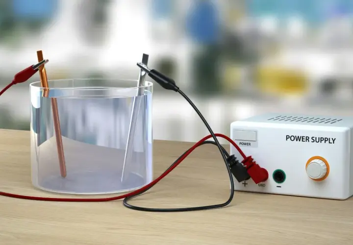 Eksperyment elektroliza wody: dwa elektrody w szklance z wodą, podłączone do zasilacza.