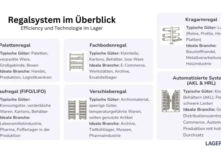 Überblick über verschiedene Regalarten: Paletten-, Fachboden-, Kragarm-, Durchlauf-, Verschiebe- und automatisierte Regalsysteme für diverse Branchen.