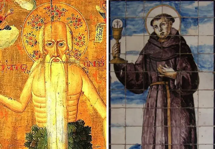 Dos imágenes religiosas: un hombre barbudo con halo y un monje con cáliz. Celebrando el santa alicia dia.