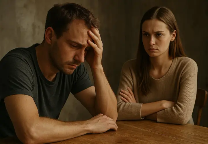 Mężczyzna zmartwiony, oparty o dłoń. Uległa kobieta siedzi naprzeciwko, ze skrzyżowanymi ramionami, patrząc z wyrzutem.