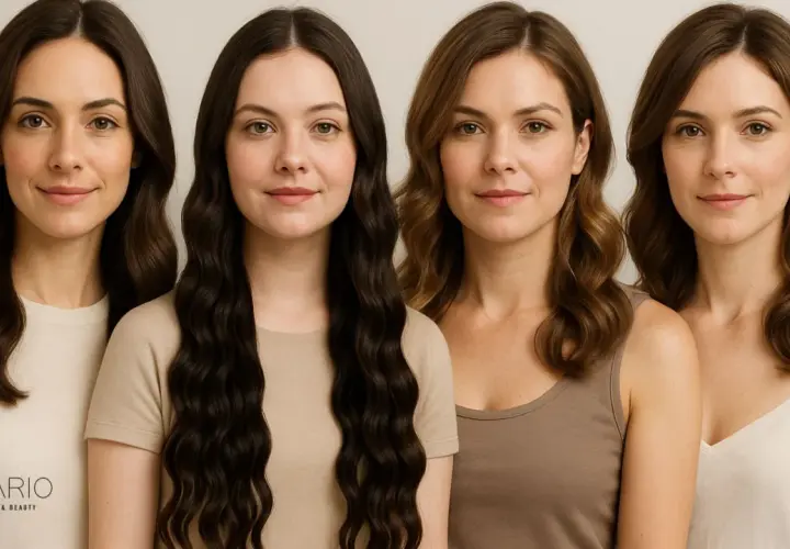 Cuatro mujeres lucen estilos de cabello con ondas surferas, desde castaño oscuro hasta rubio.