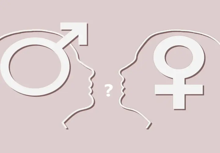 Profili stilizzati di uomo e donna si fronteggiano, un punto interrogativo tra loro. Simboli di genere e dubbi sull'identità, forse la paura di essere gay.