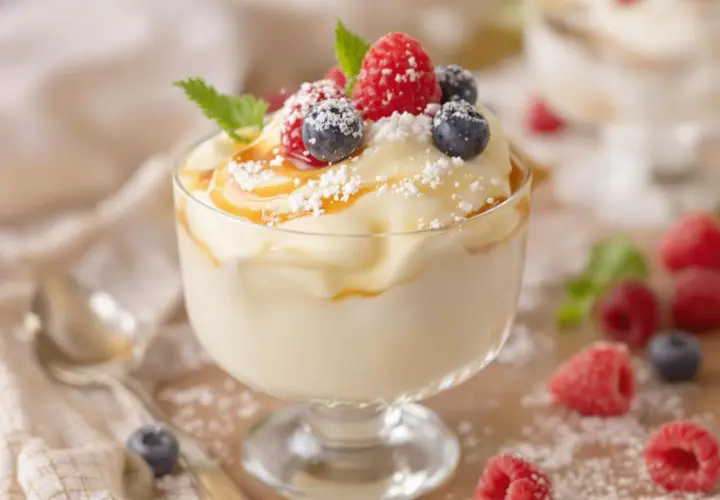 Crème chiboust onctueuse, garnie de fruits rouges frais, de coulis de caramel et saupoudrée de sucre glace. Un délice visuel et gustatif.