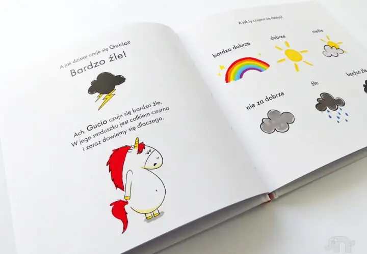 Książka o tym, jak radzić sobie ze złością. Gucio czuje się źle, a ilustracje pokazują różne nastroje.