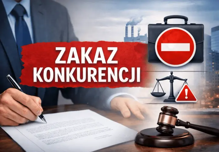 Biznesmen podpisuje dokumenty. Na tle symbole: zakaz konkurencji, waga sprawiedliwości, młotek sędziowski i fabryka.
