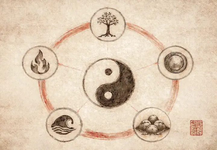 Cerchio di 5 elementi: fuoco, albero, metallo, acqua e terra, con simbolo Yin e Yang al centro.
