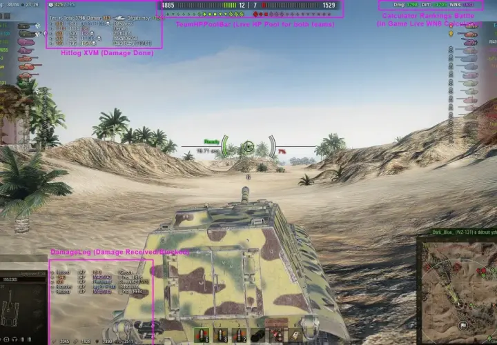 Widok z gry World of Tanks z modami XVM, pokazujący statystyki graczy i obrażenia. Dowiedz się, jak zainstalować mody do WOT.