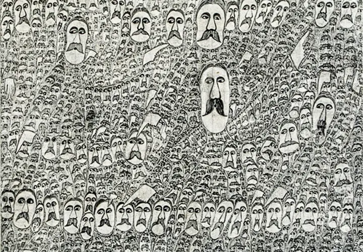 Obraz w stylu art brut: gęsty tłum twarzy z wąsami, niektóre większe, inne mniejsze, tworzące hipnotyzujący wzór.