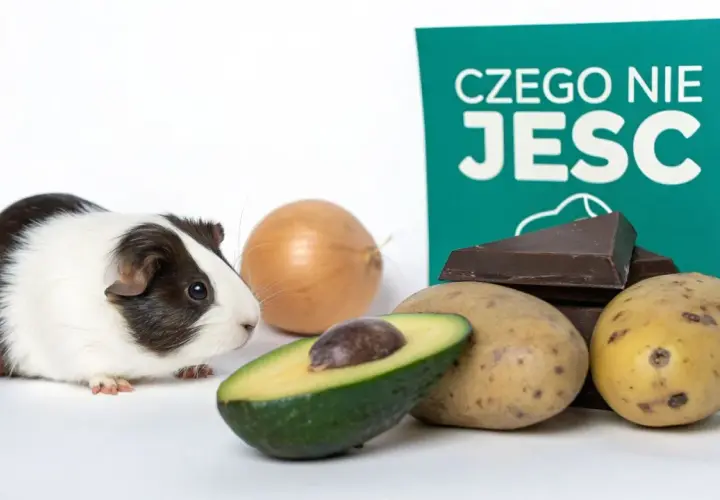 Świnka morska obok awokado, ziemniaków, czekolady i cebuli. Tabliczka informuje "Czego nie jeść".
