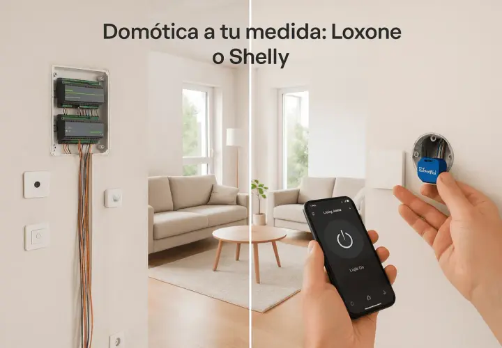 Control de iluminación domótica: instalación de módulos Shelly y Loxone, gestionados desde un smartphone en un salón moderno.