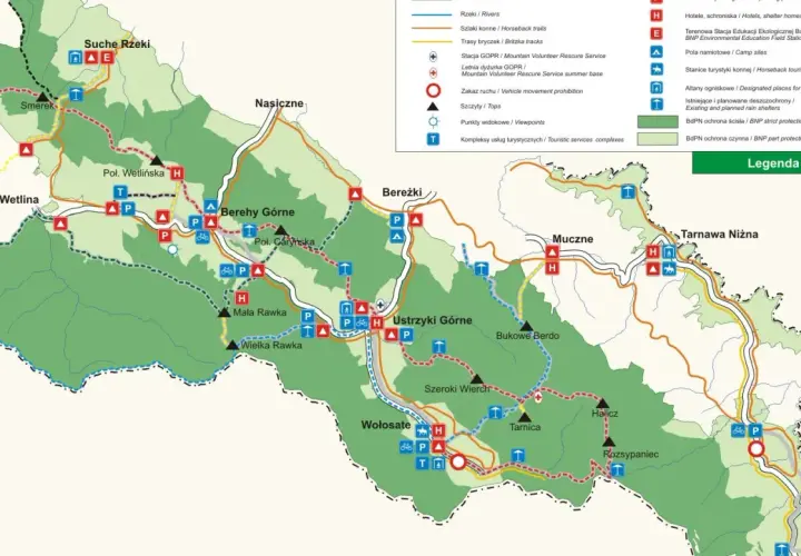 Mapa turystyczna Bieszczadów, gdzie zaczynają się bieszczady. Znajdziesz tu szlaki, schroniska i punkty widokowe.