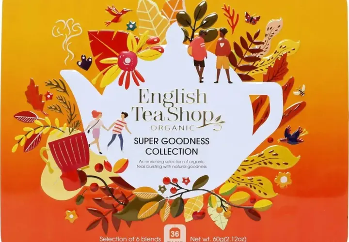 Pudełko herbaty English Tea Shop Organic z motywem jesiennym. Zawiera 36 saszetek 6 różnych mieszanek.