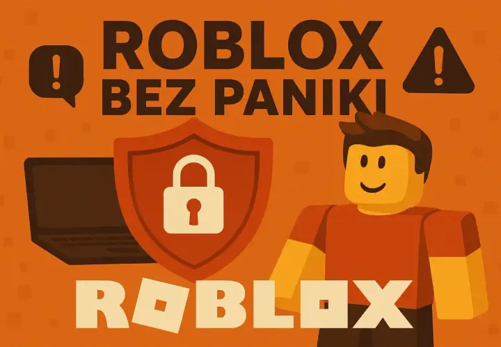 Grafika z hasłem "ROBLOX BEZ PANIKI" i ikonami bezpieczeństwa. Od ilu lat jest Roblox? Odpowiedź w grafice.