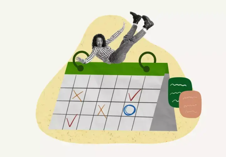 Une femme s'affale sur un calendrier marqué de croix et de coches, symbolisant le remboursement anticipé d'un PTZ.