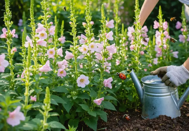 Un jardinier arrose des fleurs de hibiscus syriacus roses, tandis que des coccinelles et des abeilles butinent.