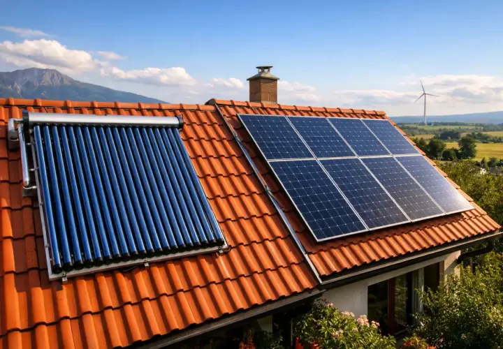 Un panneau solaire ou photovoltaïque sur un toit de tuiles rouges, avec un chauffe-eau solaire à tubes bleus à côté. Le paysage verdoyant et une éolienne en arrière-plan.