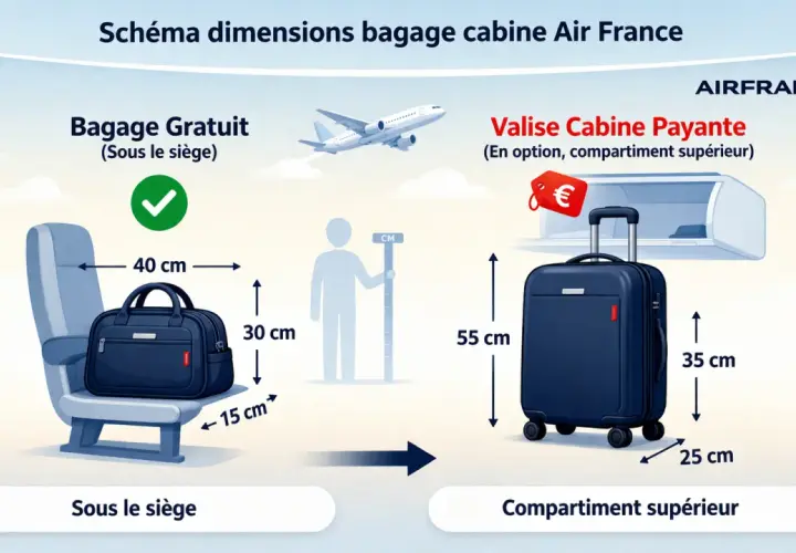 Schéma des dimensions des bagages cabine Air France : un sac sous le siège et une valise en soute.