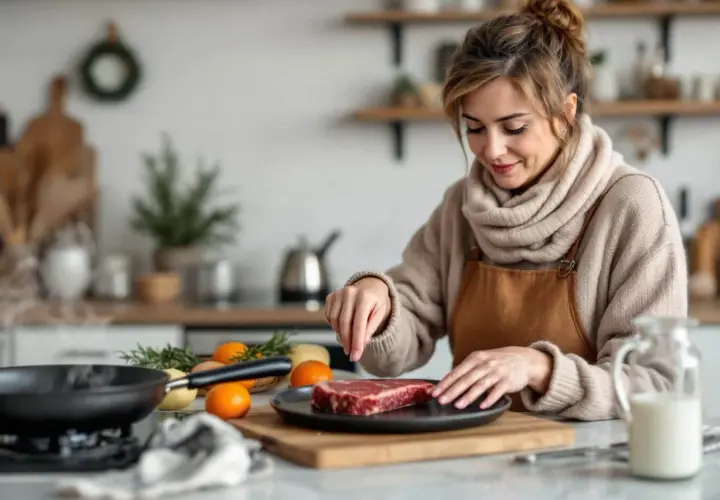 Une femme prépare un steak dans sa cuisine. Elle assaisonne la viande, se demandant s'il faut sortir la viande du frigo avant cuisson pour un meilleur résultat.