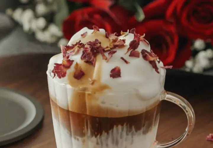 Ein köstlicher Mokka mit Milch, gekrönt mit cremigem Schaum und Rosenblättern. Im Hintergrund rote Rosen.