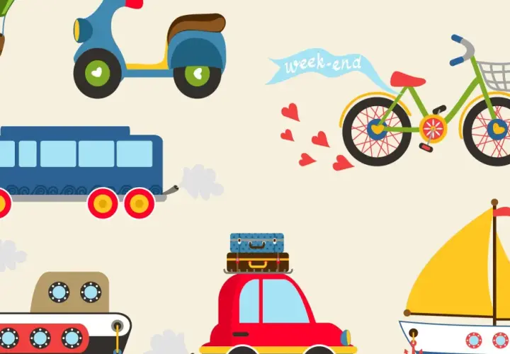 Ilustración de un proyecto de medios de transporte infantil: globo aerostático, moto, autobús, bicicleta, coche con maletas, barco de vela y barco de vapor.