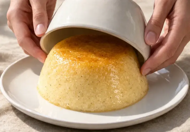 Un délicieux gâteau de semoule, doré et parsemé de vanille, est démoulé sur une assiette blanche.