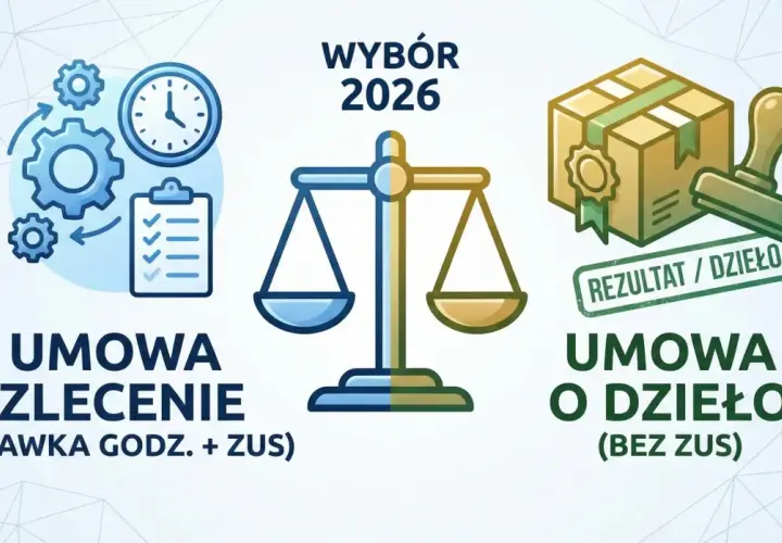 Wybór 2026: umowa zlecenie (stawka godz. + ZUS) vs umowa o dzieło (bez ZUS). Podatek od umów o dzieło.