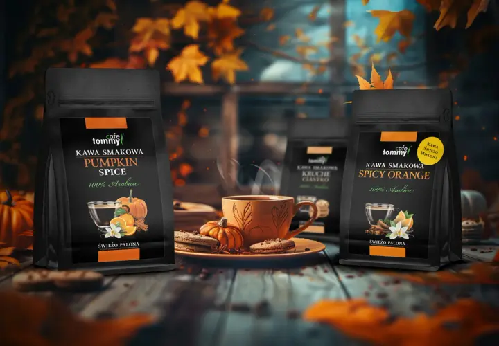 Jesienna aranżacja z kawą Tommy. Na pierwszym planie dwie paczki kawy: Pumpkin Spice i Spicy Orange. W centrum parujący kubek kawy, ciasteczka i dynie.