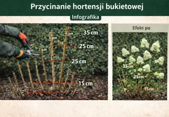 Instrukcja jak przycinać hortensje ogrodową: przycinanie pędów na różne wysokości (15, 25, 35 cm) dla obfitego kwitnienia.