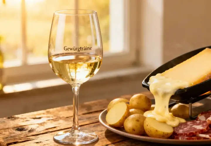 Verre de Gewurztraminer à côté d'une raclette fondante, pommes de terre et charcuterie. Une scène parfaite pour la conservation du Gewurztraminer.
