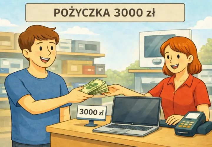 Chłopak kupuje laptopa za 3000 zł, płacąc gotówką. To jego nowy kredyt konsumpcyjny.