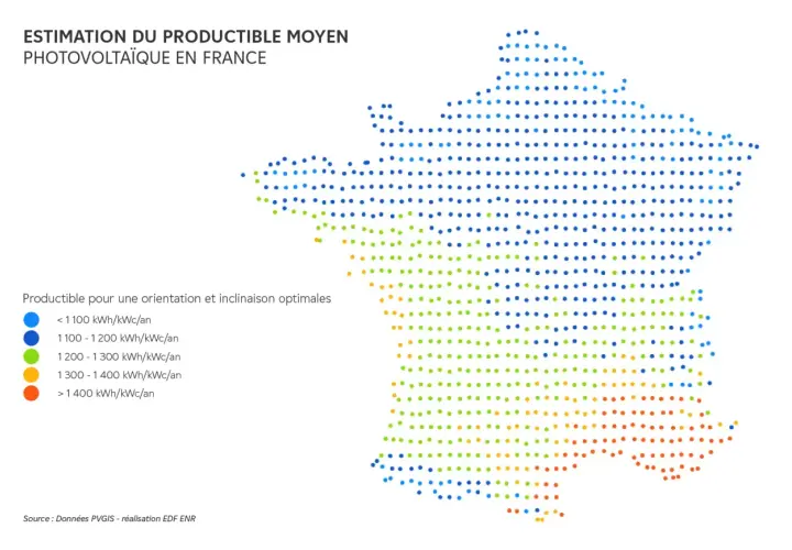 Carte de France montrant le potentiel de production solaire. Le sud bénéficie d'un avantage panneau solaire avec plus de 1400 kWh/kWc/an.