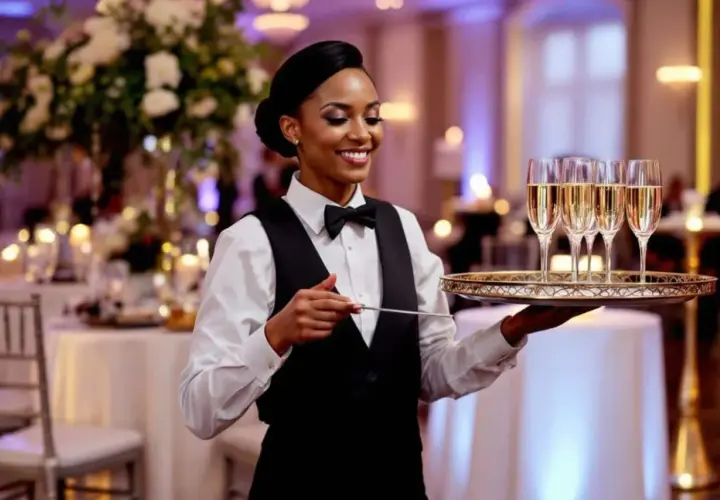 Serveuse souriante portant un plateau de coupes de champagne. Idéal pour un mariage, découvrez le serveur pour mariage tarif.