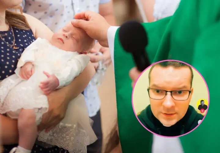 Chrzest dziecka, które może być nieślubne, odbywa się w kościele. W tle widać księdza i małą dziewczynkę w białej sukience.