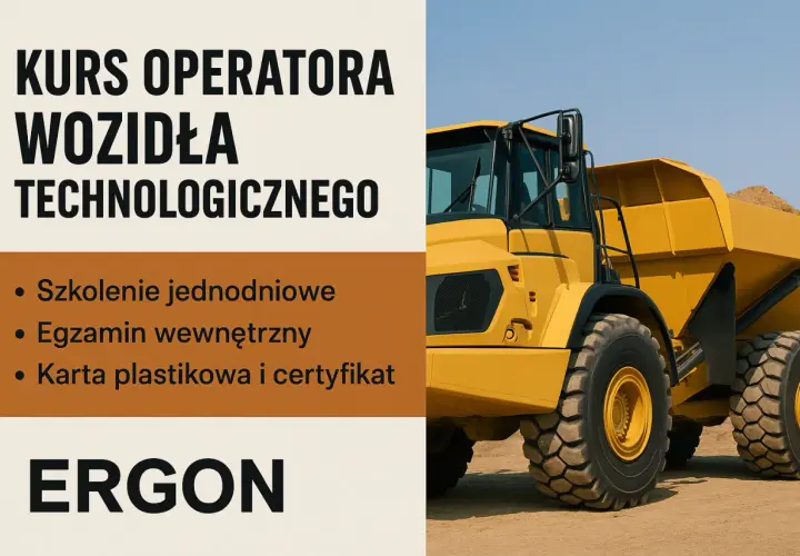 Kurs operatora wozidła technologicznego. Szkolenie, egzamin, certyfikat. Duża żółta maszyna budowlana.