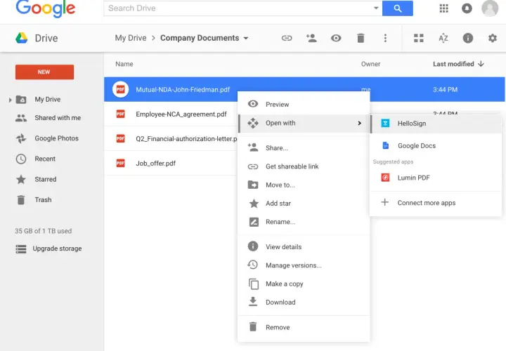 Menú contextual en Google Drive para abrir un PDF con Google Docs, útil para saber como firmar en Google Docs.