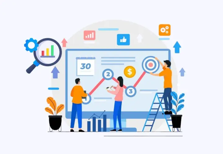 Des personnes analysent un graphique sur un écran, illustrant le marketing attribution. Des icônes de succès et de croissance sont visibles.