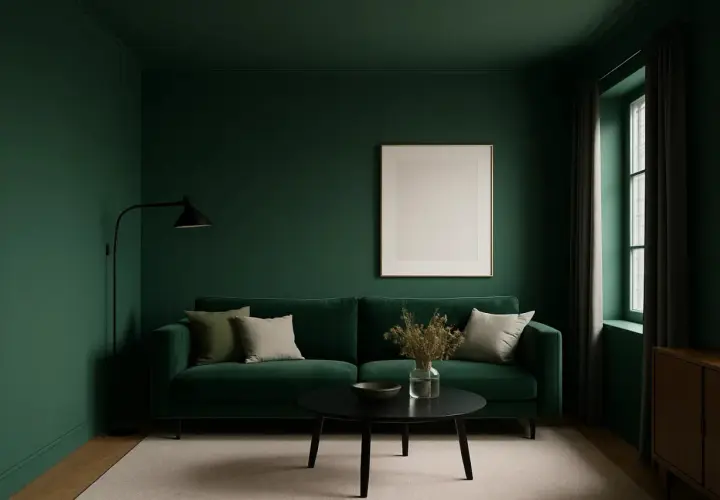 Nowoczesny salon z ciemnym sufitem w odcieniu głębokiej zieleni. Wygodna, zielona kanapa, czarny stolik kawowy i minimalistyczna lampa tworzą przytulną atmosferę.